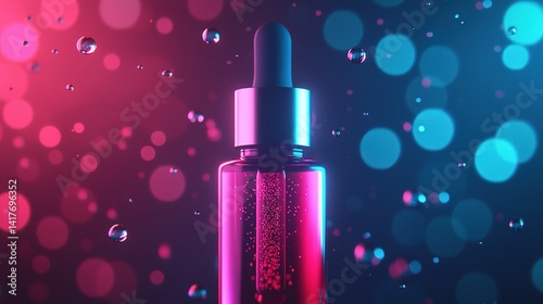 Futuristic e-liquid bottle glowing under neon lights vibrant background product showcase