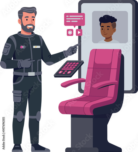 Male astronaut in black spacesuit interacting with futuristic digital chair and holographic interface flat vector art