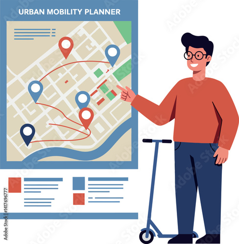 Urban mobility planner man with scooter pointing at city map with location pins flat vector illustration