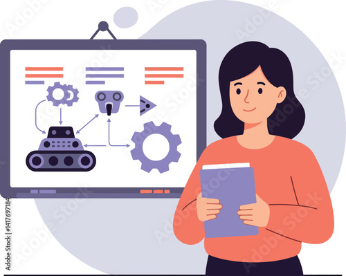 Young woman explaining robotics concepts with gear icons on board flat educational vector illustration