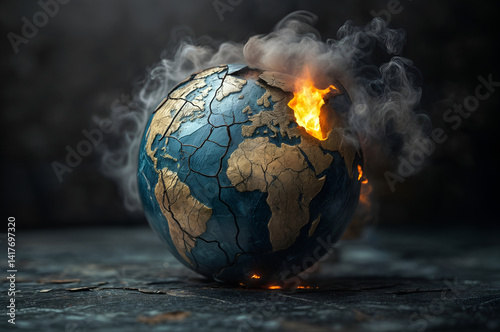The planet with cracks and smoke is an allegory of political conflicts and global instability.