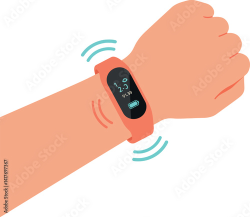 Smart fitness tracker watch on wrist with digital screen flat design wearable technology vector illustration