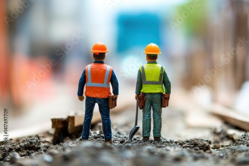 Construction workers in safety gear on job site with tools and equipment