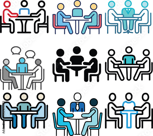 Business Meeting: A simple business meeting icon with people sitting around a 
table.