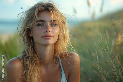 Position a model in a natural setting of beach photo