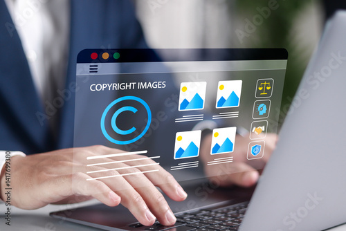 Copyright images concept. Rights of ownership of images, rights to publish, modify and distribute images. Businessman using laptop with sells images to customer.