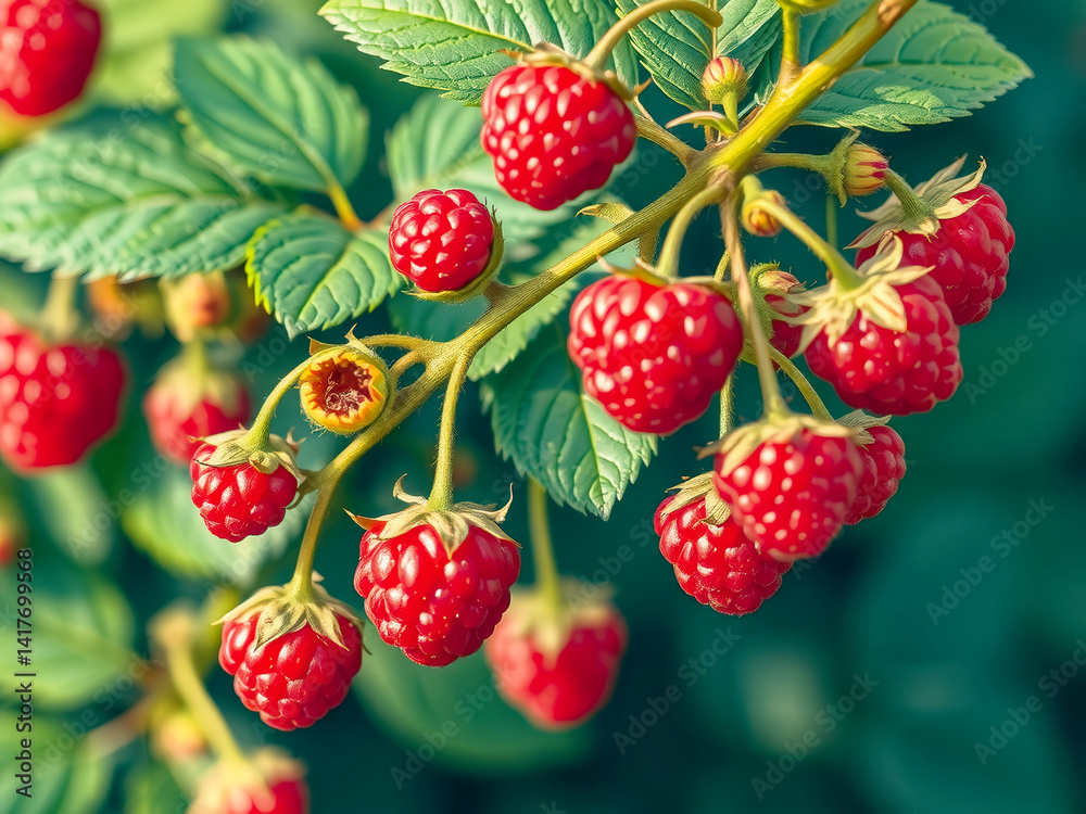 A bunch of red raspberries hanging from a tree. The berries are ripe and ready to be picked
