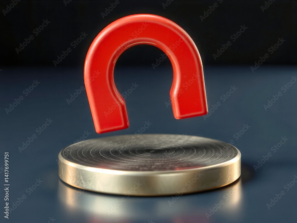 A red magnet is suspended in the air above a gold plate. The magnet is upside down and he is floating