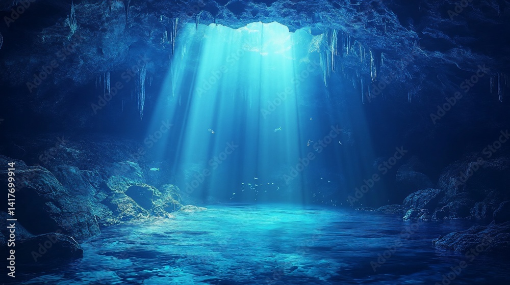 Obraz premium Underwater cave with sunlight beams shining through the water to the rocks