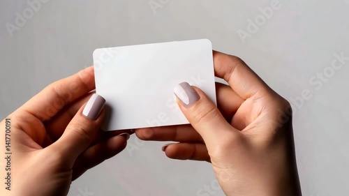 Woman's hands with manicure holding white blank card, mockup for any advertising