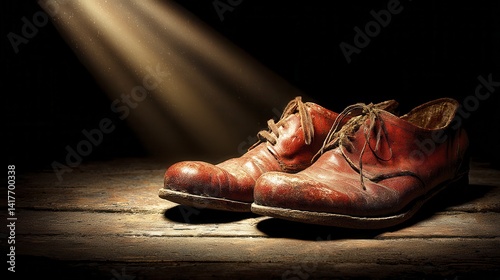 A pair of worn theatrical shoes center st-3 - production leather shoes character