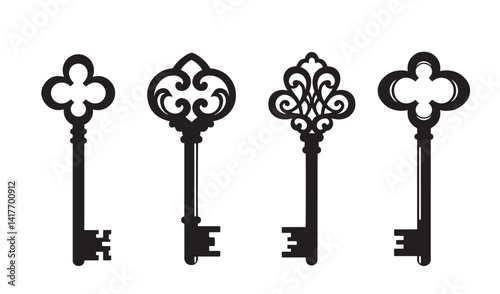 Classic key set element silhouette illustration of vintage security locks design perfect for retro theme project or decorative branding
