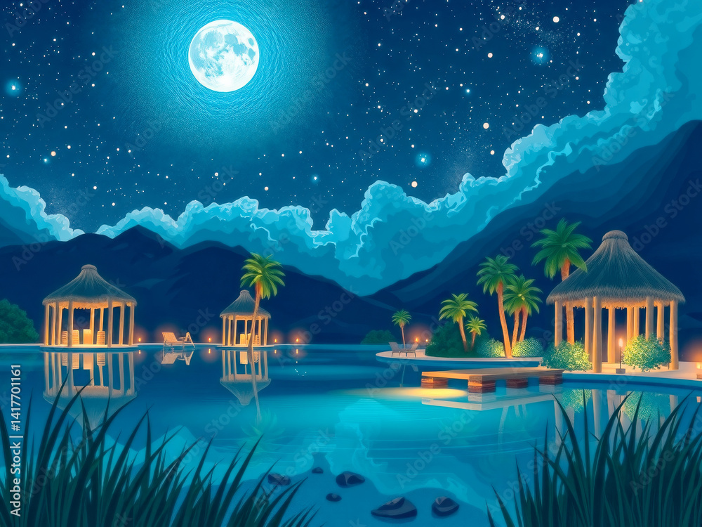 A beautiful night sky with a full moon and stars. The moon is shining brightly over a lake with palm trees in the background. The scene is peaceful and serene, with the water reflecting the moonlight