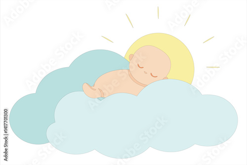 Baby Sleeping on Fluffy Cloud with Sun Rays – Pastel Sky Dream in Magical Atmosphere