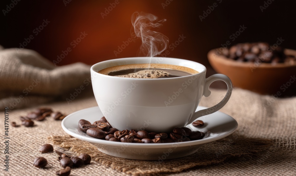 Fototapeta premium Steaming coffee cup on burlap, coffee beans around it for a breakfast ad