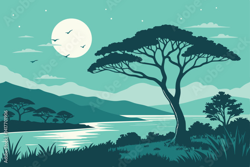60 Serene night landscape, moonlit lake, lone acacia tree, distant mountain, calm waters, reflective moonlight, stylized illustration, vibrant colors, teal sky, wispy clouds, peaceful atmosphere, mini