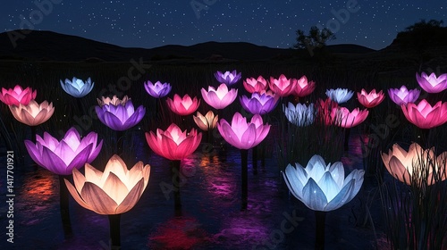 Bioluminescent plants illuminate night landscape nature scene outdoor serene viewpoint enchanting concept