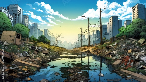 都市の荒廃した風景 汚染された川と廃棄物のある破壊された町並み 荒廃した環境と暗い空