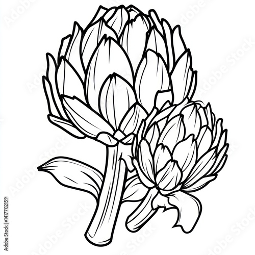 Detailed black and white illustration depicting artichokes on white background