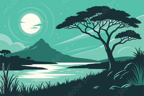 60 Serene night landscape, moonlit lake, lone acacia tree, distant mountain, calm waters, reflective moonlight, stylized illustration, vibrant colors, teal sky, wispy clouds, peaceful atmosphere, mini