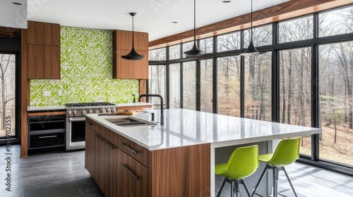 A modern kitchen with a bold lime-green backsplash and expansive windows. photo
