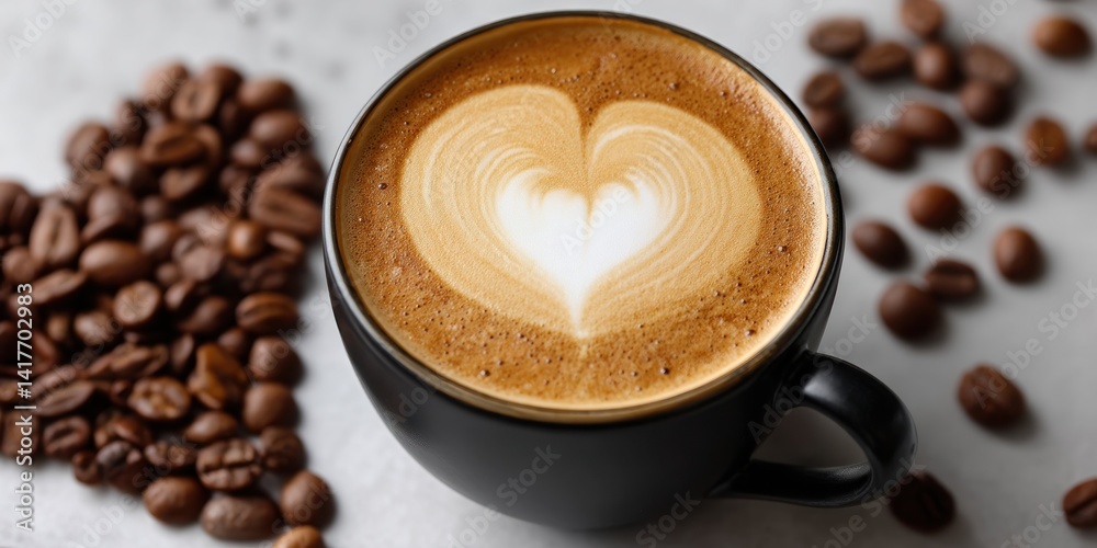Latte art heart in cup with coffee beans for social media & recipe blogs Latte art heart in cup with coffee beans for social media & recipe blogs