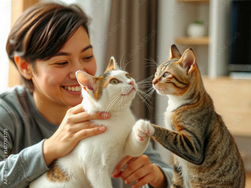 A woman is holding two cats, one of which is white and the other is brown. The woman is smiling as she pets the cats