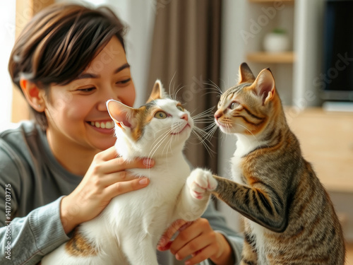 A woman is holding two cats, one of which is white and the other is brown. The woman is smiling as she pets the cats