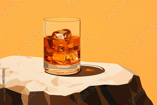 A cold, brown whisky on the rocks, a classic alcohol drink with ice cubes in a clear glass, isolated as a refreshing beverage