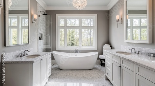 Spacious bathroom in gray tones with heated floors