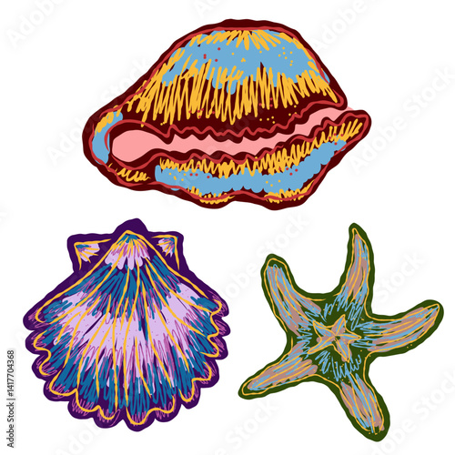 stylized technique. Marine world,  texture, pencil marker strokes. Vector element	