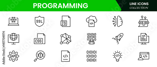 Programming and coding icon set. Software development icon collection. Contains such Icons as code, api, programmer, developer, information technology, coder and more