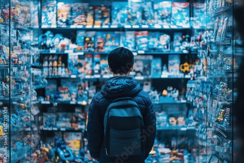Teen asian male browsing toy store: shelves filled with colorful collectibles