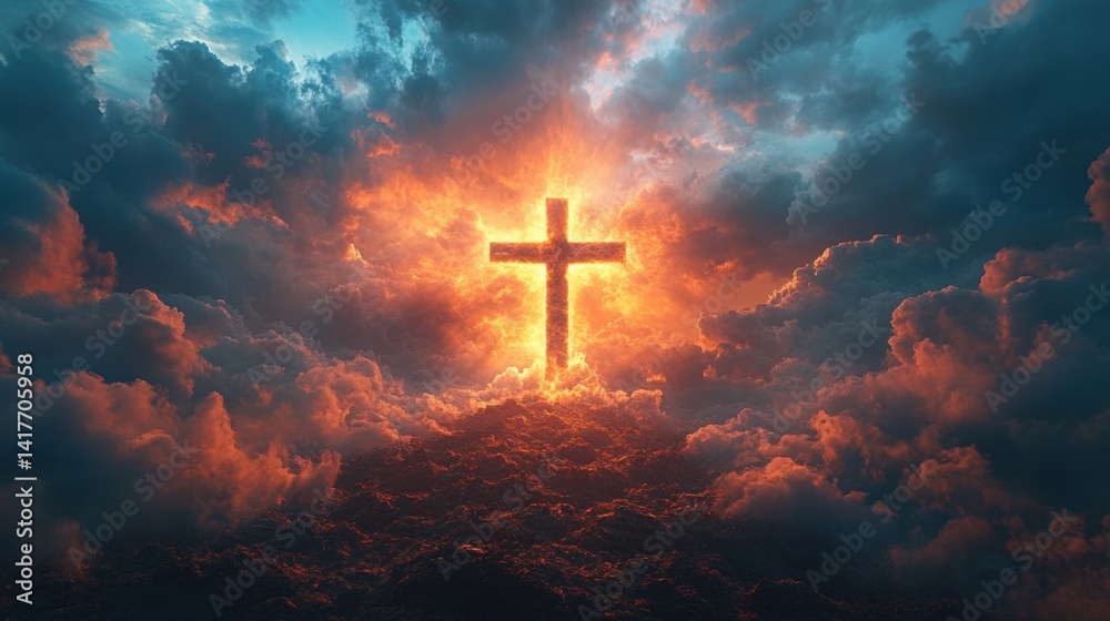 Fototapeta premium Bright cross illuminated by a radiant glow against a dramatic sky filled with clouds during sunset