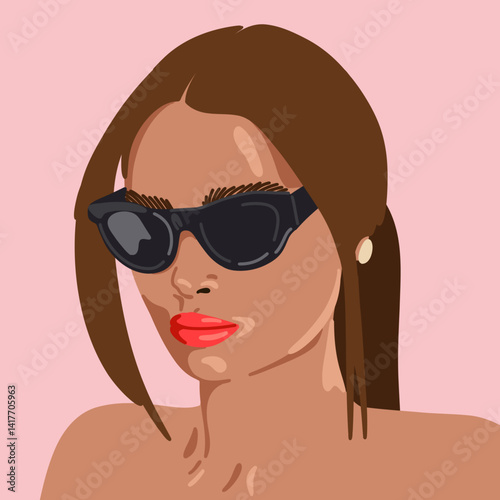 Woman with Long Hair, Bold red Lips and Sunglasses