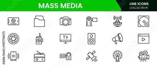 Mass media and journalism. TV show, program, news, report, video and interview. Outline icon collection.