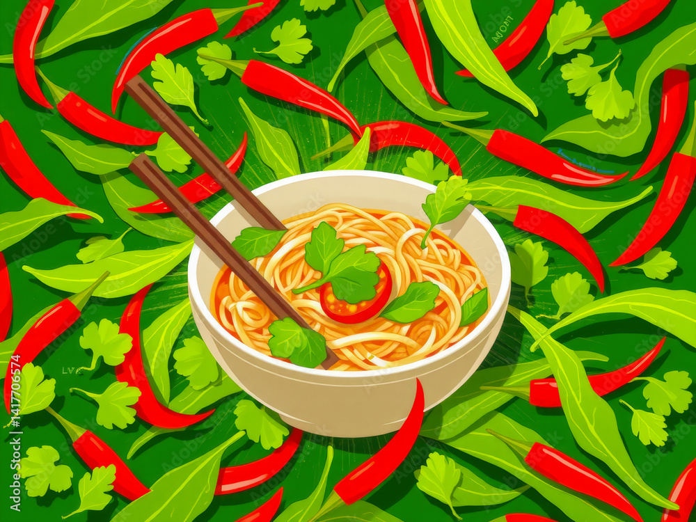 A white bowl filled with noodles and red peppers. The bowl is placed on a green background with chopsticks in the foreground. The red peppers are scattered around the bowl, creating a vibrant