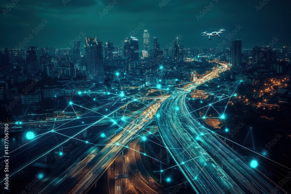 Fototapeta premium Urban landscape at night illuminated by technology with drone flying over interconnected city streets