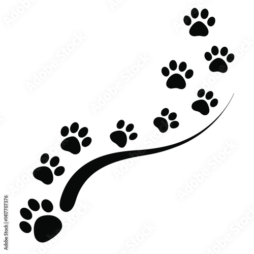 A winding trail of black paw prints marches diagonally across a clean white surface.