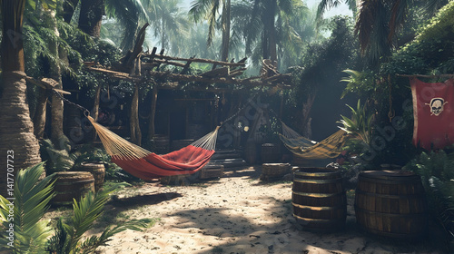 Secluded tropical hideaway with hammocks, wooden barrels and a pirate flag hanging
