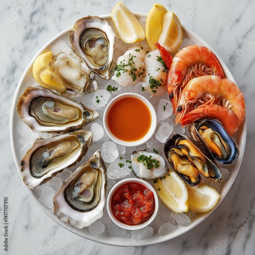 Luxurious seafood platter with fresh oysters mussels shrimp and calamari