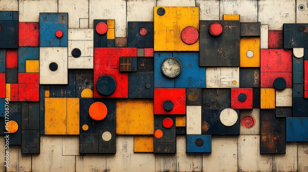 Fototapeta premium Vibrant geometric shapes in various colors create a striking visual impact against wood
