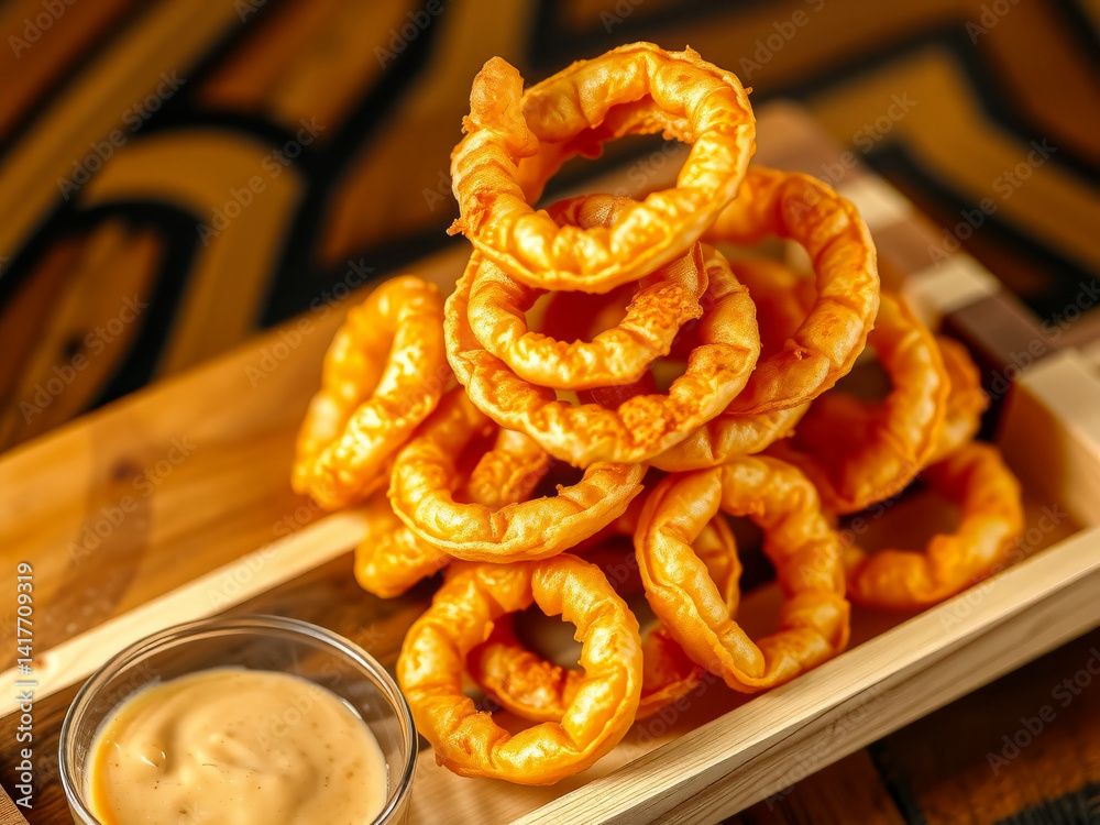 A stack of fried onion rings sits on a wooden board with a small bowl of sauce next to it