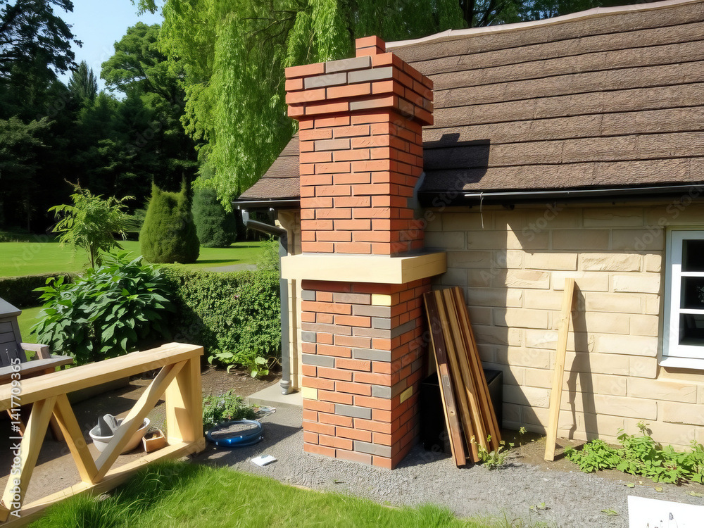 A brick chimney is being built on the side of a house. The bricks are being laid in a pattern, and the chimney is being built up to the roof. The scene is peaceful and quiet, with a few plants