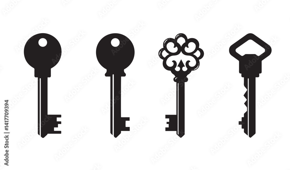 Silhouette set of antique skeleton keys design element retro lock icon bundle for security themed label emblem or artwork
Silhouette set of antique skeleton keys design element retro lock icon bundle for security themed label emblem or artwork