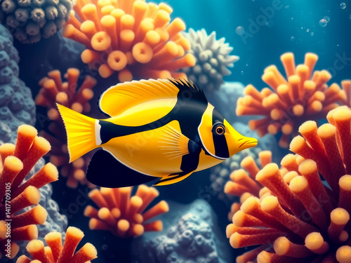 A yellow and black fish swimming in a coral reef. The fish is surrounded by orange and white coral