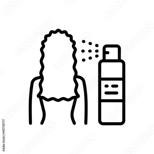 Woman using hair spray. Hairstyle fixation spray, washing hair routine. Curly Hair Care Products. Curly Method. Outline vector icon for web design isolated on white background.
