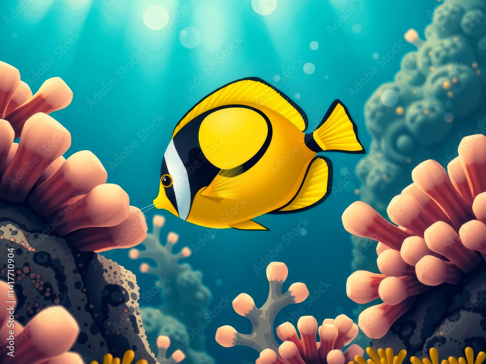 A yellow fish swimming in a coral reef. The fish is surrounded by pink and purple coral. The image has a peaceful and serene mood, as the fish is swimming in a beautiful underwater environment
