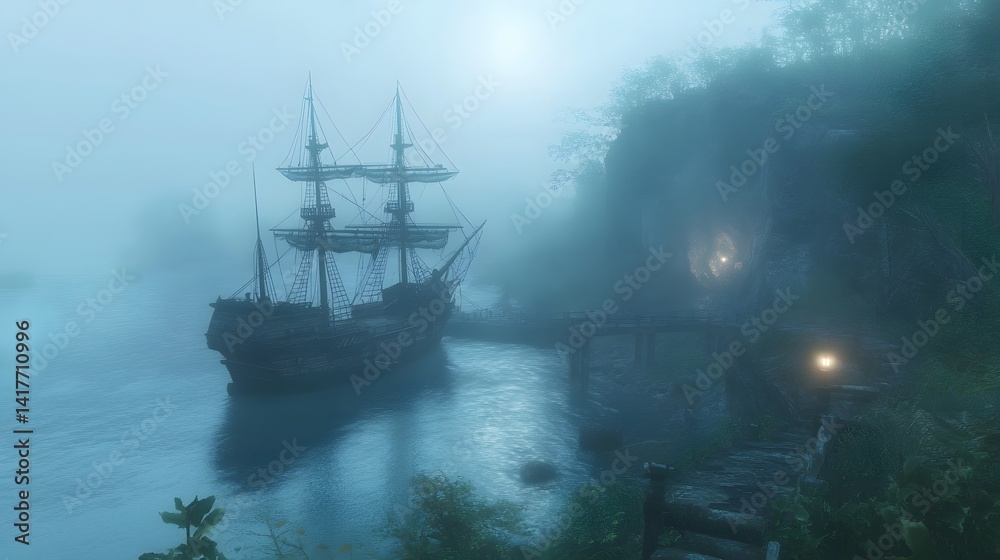 Naklejka premium A pirate ship anchored in a misty sea at dawn