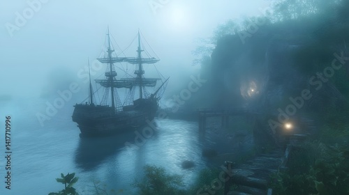 A pirate ship anchored in a misty sea at dawn